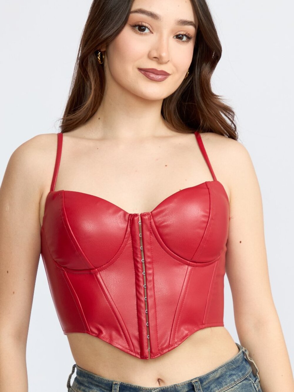 Women’s Faux Leather Corset Top, Bustier Crop Top with Adjustable Spaghetti Stra